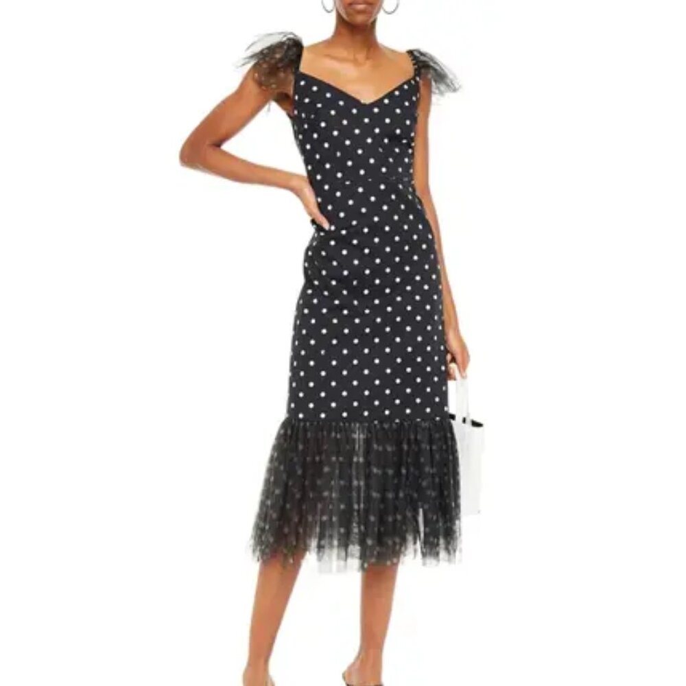 STAUD Marwa Polka Dot Tulle Ruffle Midi Dress, Black/White, 2